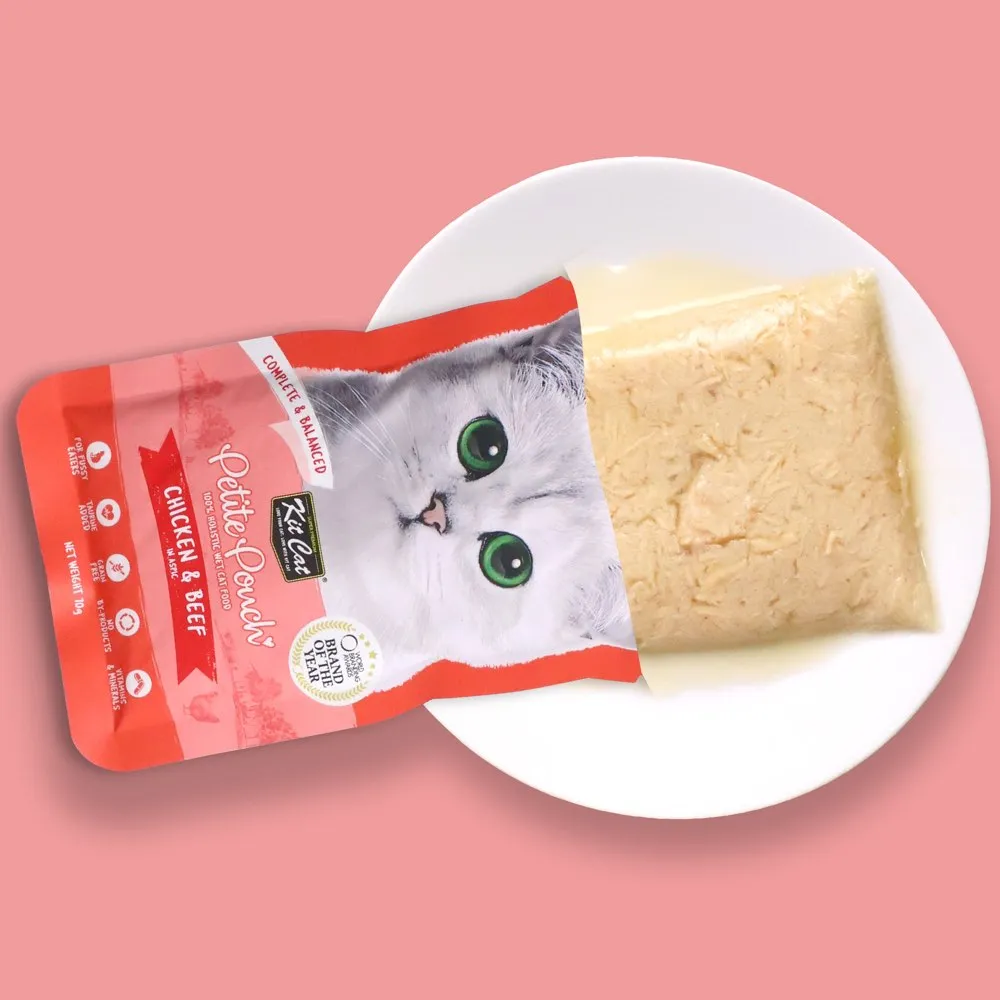 30% OFF: Kit Cat Petite Pouch Chicken & Beef In Aspic Grain-Free Pouch Cat Food 70g x 12