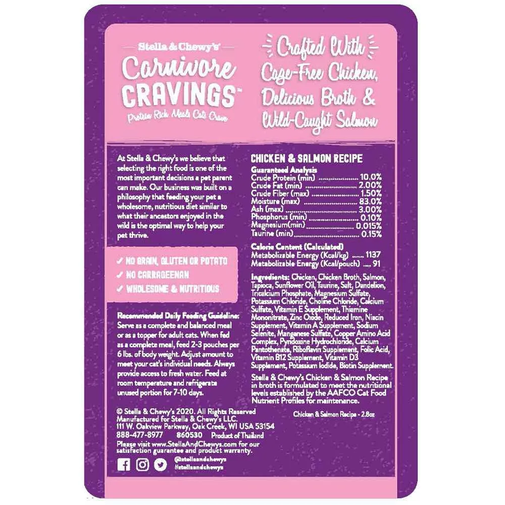 4 FOR $13.60: Stella & Chewy's Carnivore Cravings Chicken & Salmon In Broth Grain-Free Pouch Cat Food 2.8oz