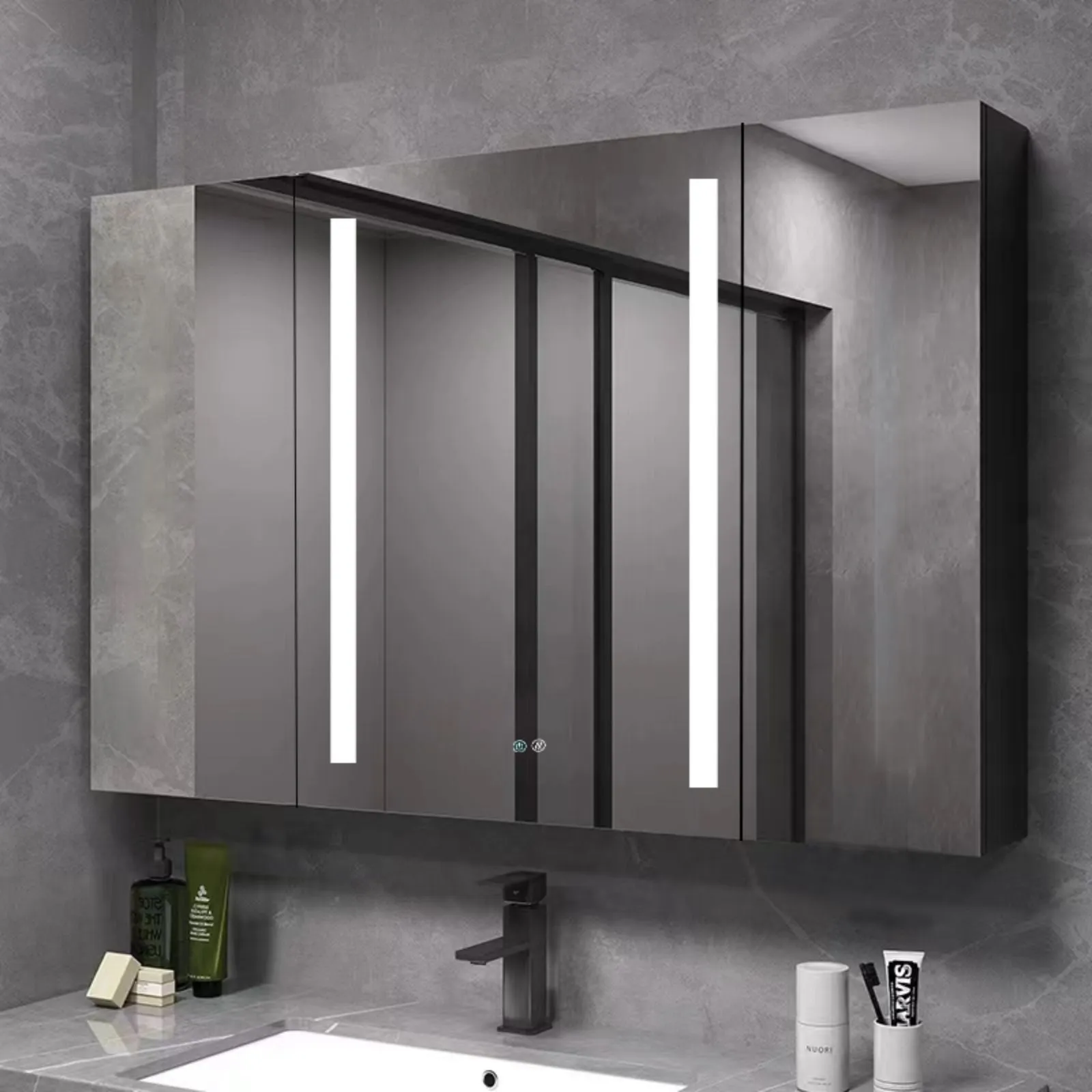 40" x 30" Dimmer Black Surface Mount LED Double Door Defogging Mirror Medicine Cabinet