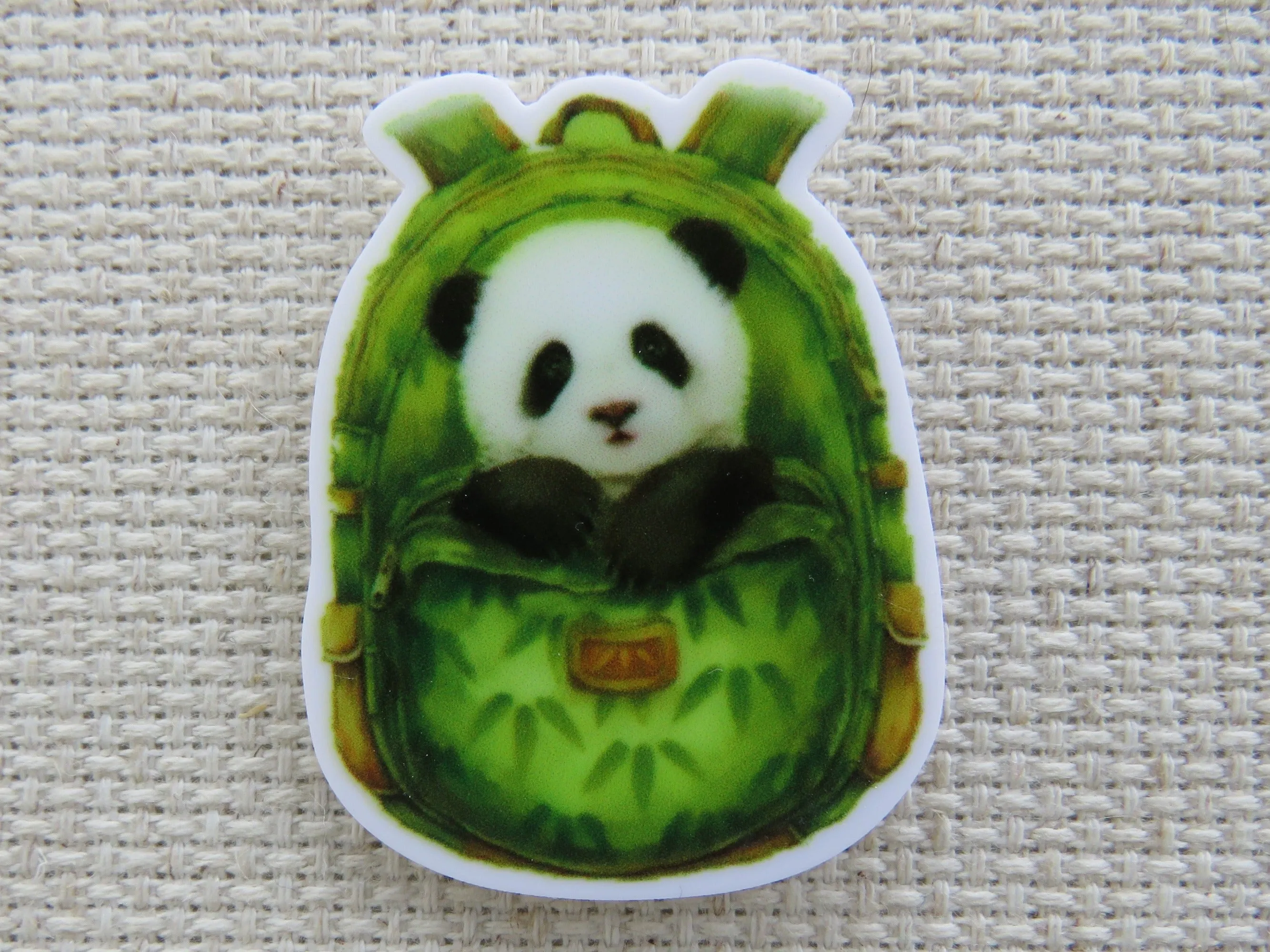 Baby Panda in a Bamboo Green Backpack Needle Minder, Cover Minder, Magnet