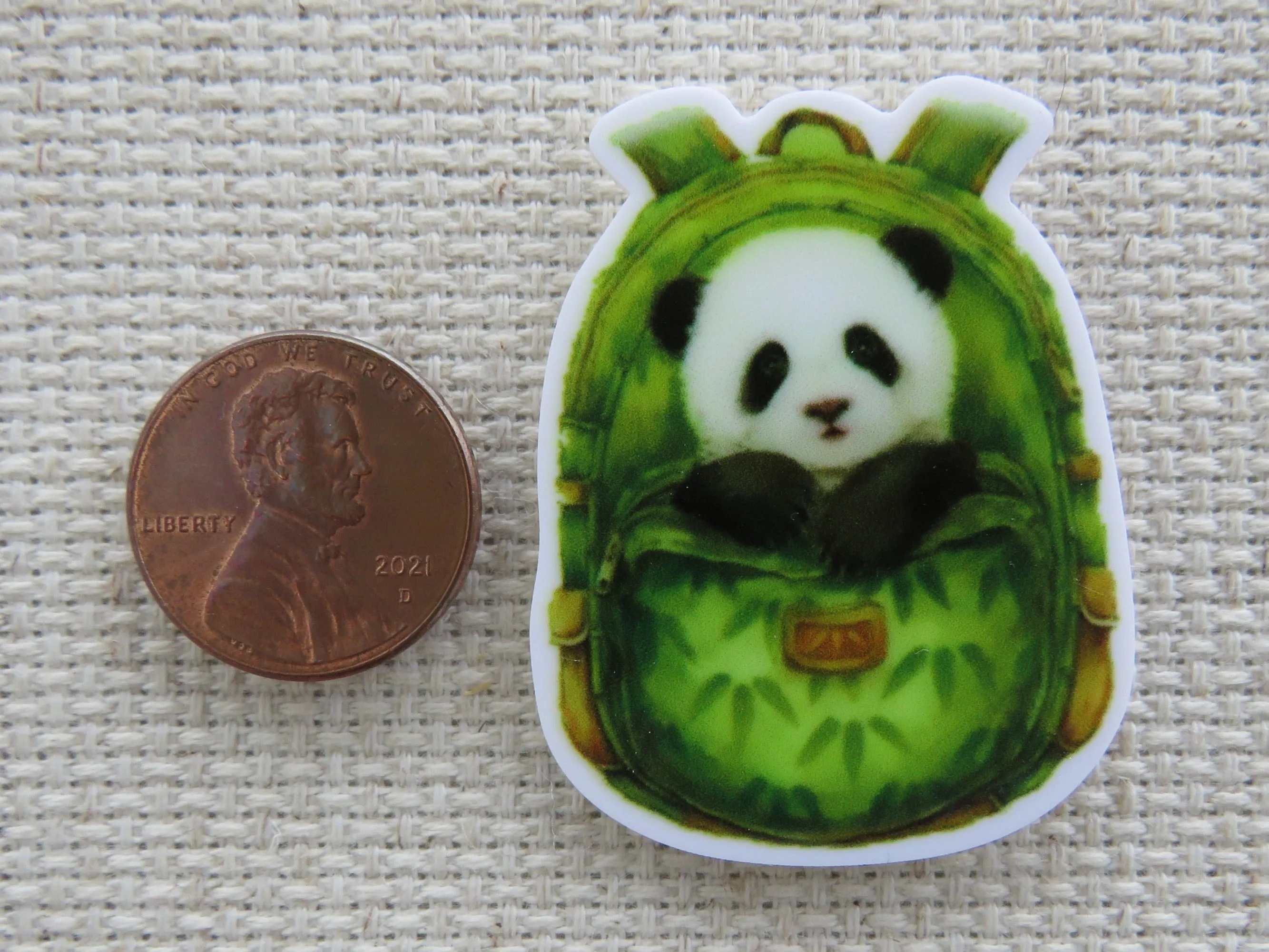 Baby Panda in a Bamboo Green Backpack Needle Minder, Cover Minder, Magnet