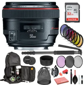 Canon EF 50mm f/1.2L USM Lens  (1257B002) Includes: DSLR Sling Backpack, 9PC Filter Kit, Sandisk 32GB SD   More