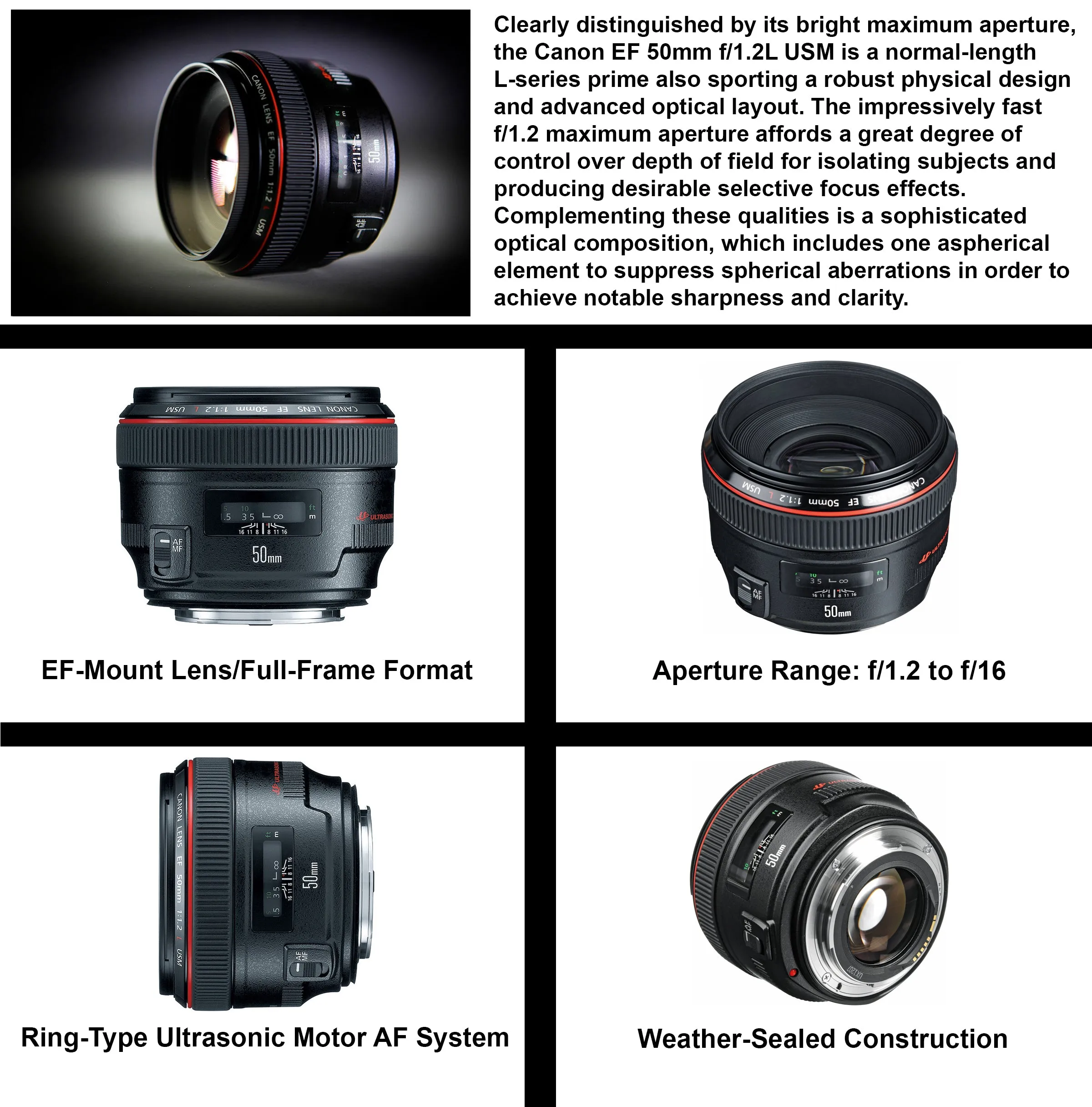 Canon EF 50mm f/1.2L USM Lens  (1257B002) Includes: DSLR Sling Backpack, 9PC Filter Kit, Sandisk 32GB SD   More