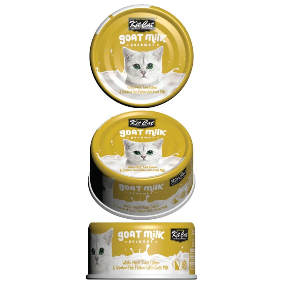 Kit Cat Goat Milk Gourmet White Meat Tuna Flakes & Smoked Fish Flakes Grain-Free Canned Cat Food 70g