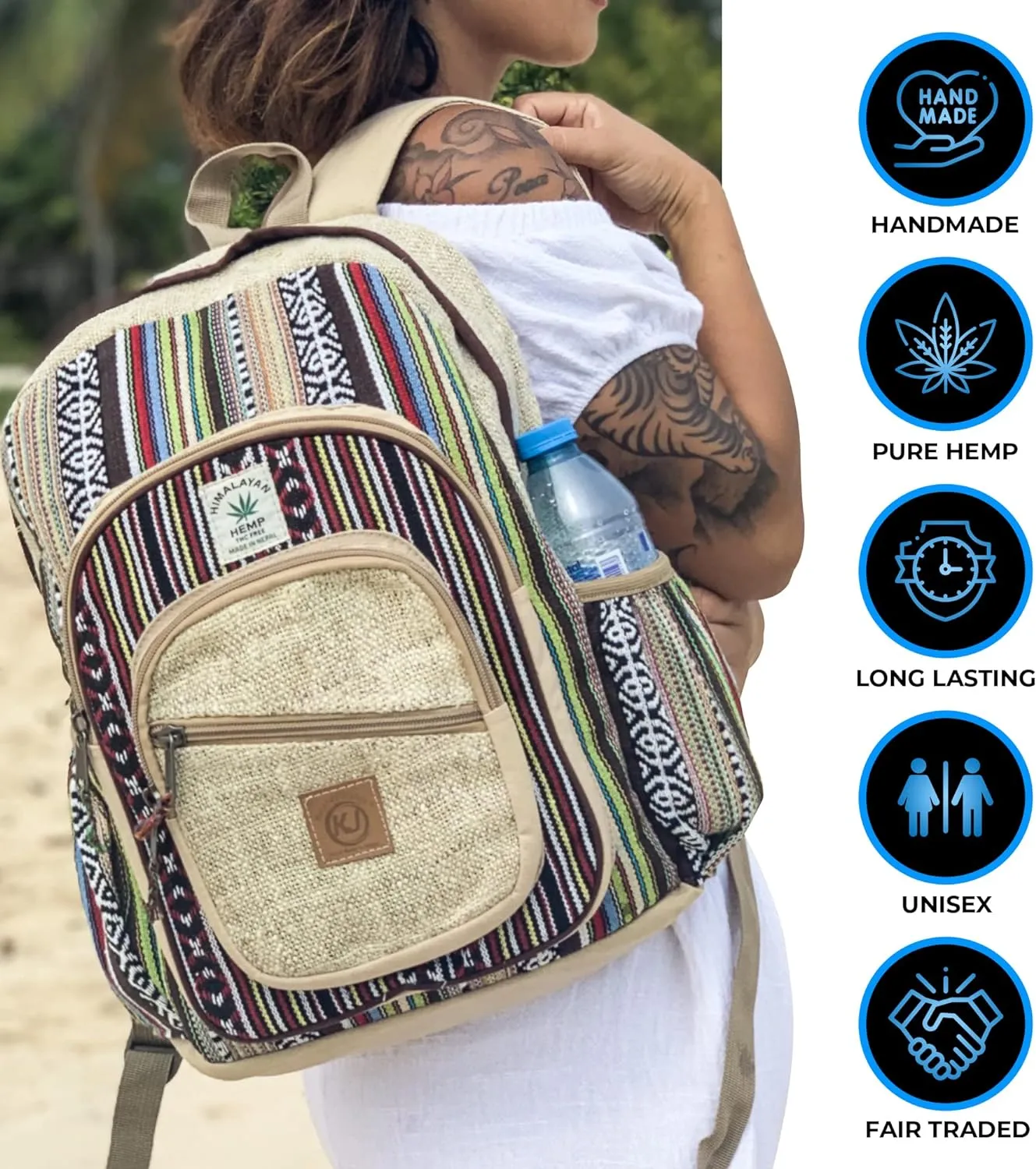 Natural Handmade Large Multi Pocket Hemp Backpack