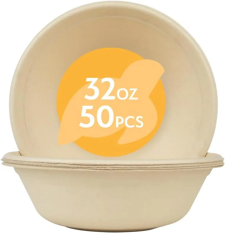 Paper Bowls for Soup Pasta Cereal Salad Ice Cream, Disposable Bamboo Large Bowls, Compostable, Biodegradable, Unbleached