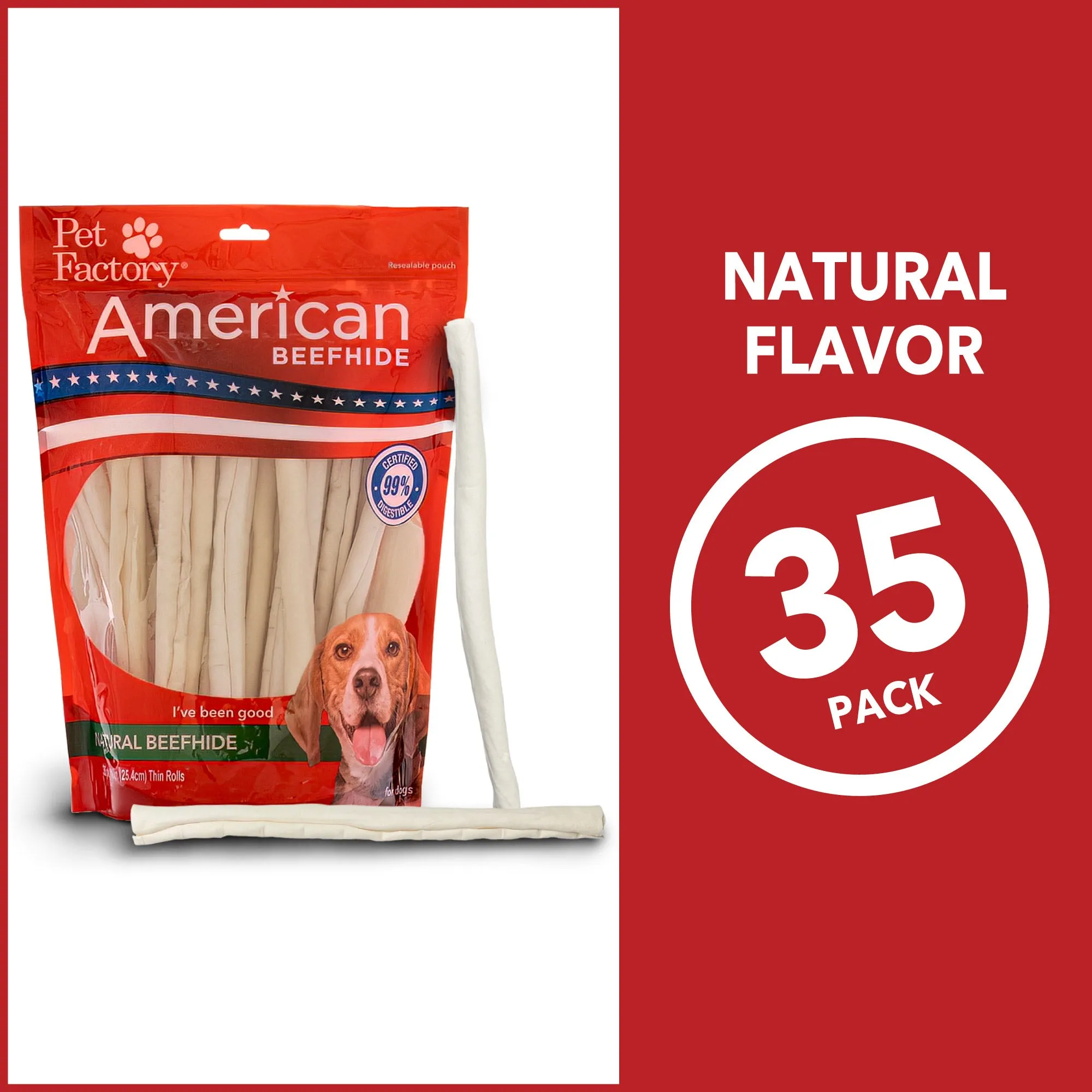 Pet Factory - American Beefhide Thin Rolls 10", 35-Pack Dog Treats