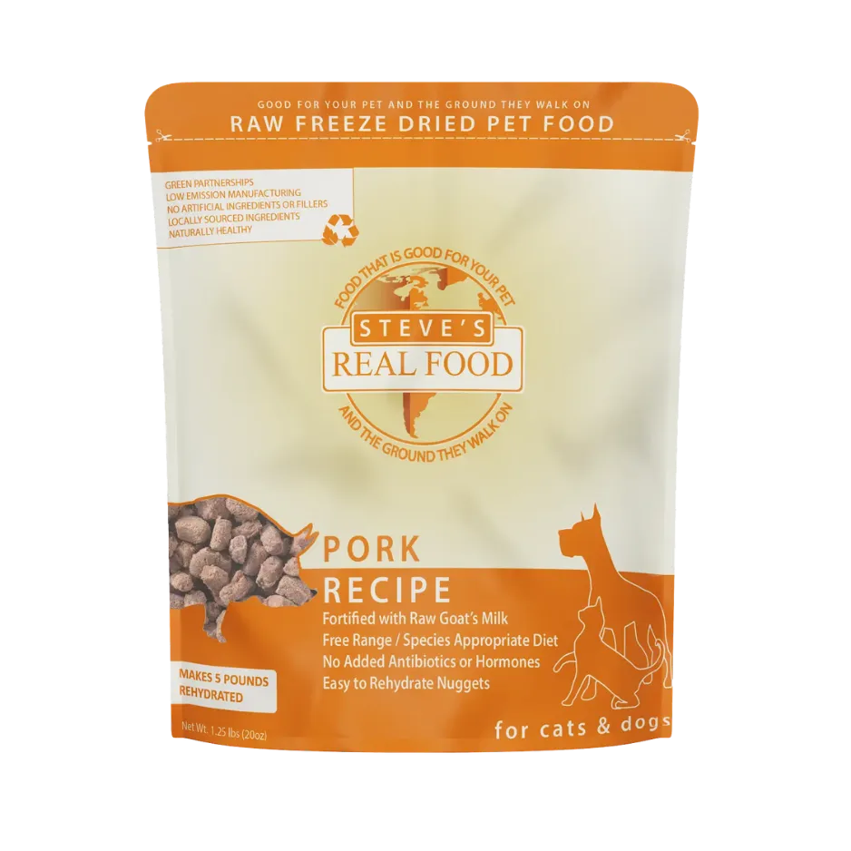 Steve's Real Food Freeze-Dried Raw Dog and Cat Food Nuggets Pork, 1.25 lbs